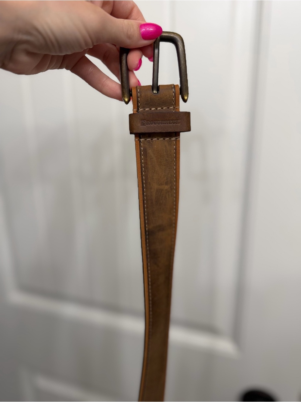 Size 42 Cabelas Roughneck Brown Leather Belt with Brass Buckle